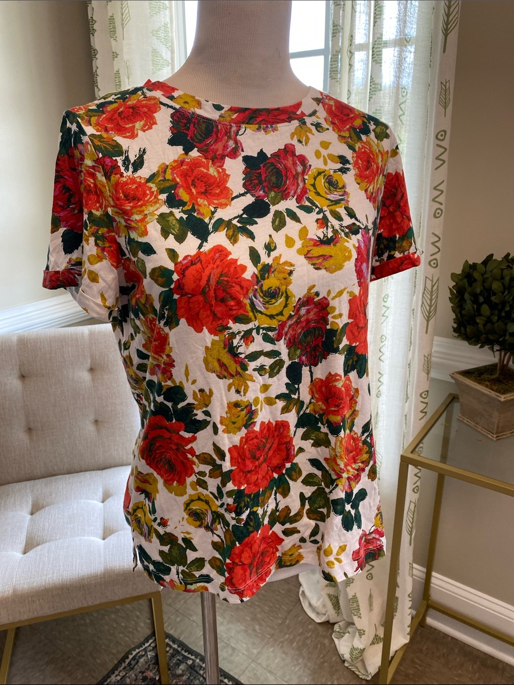Anthropologie Shirt with Red & Yellow Rose Print
